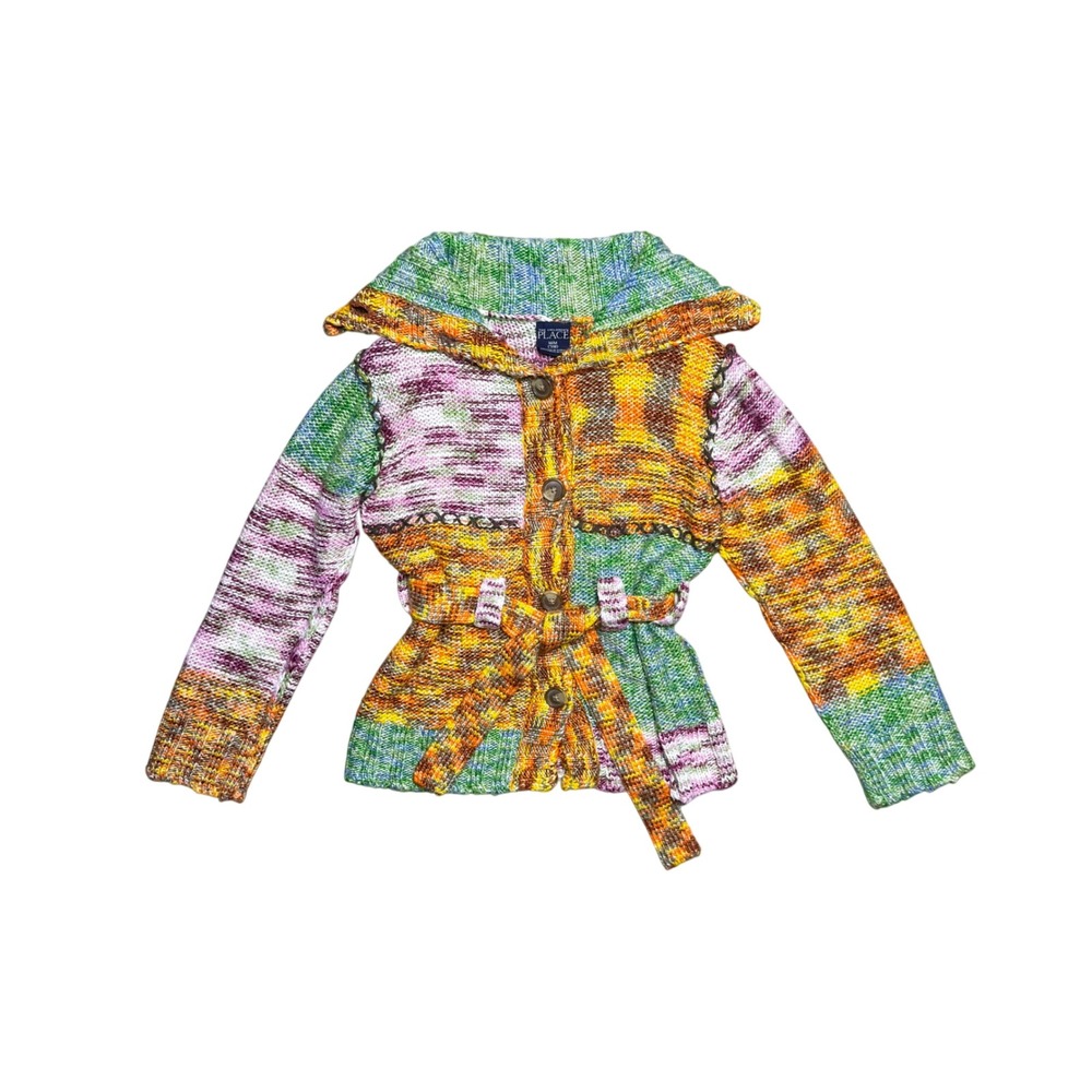 The Childrens Place Girls Multicolor Patchwork Knit Belted Cardigan